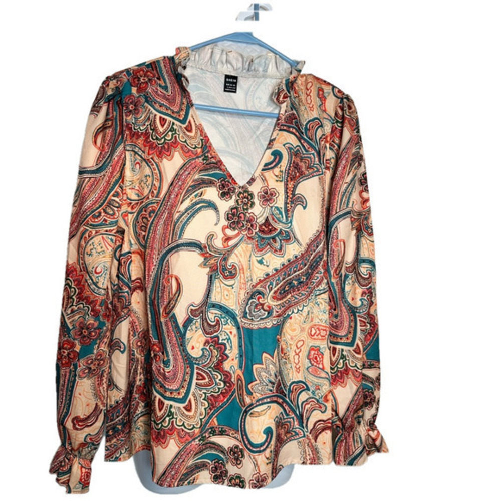 Beautiful silky paisley pullover shirt with ruffled collar and sleeves